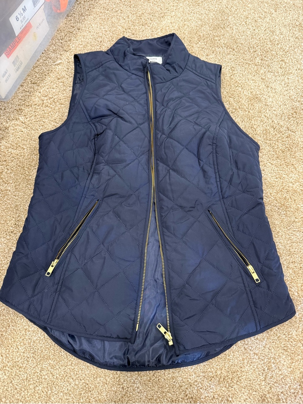 crown & ivy Quilted Navy Sleeveless Vest with Gold Zippers